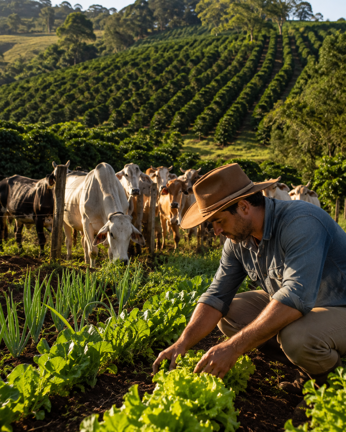 Imagens de bovinos, muda em solo fértil e área cultivada